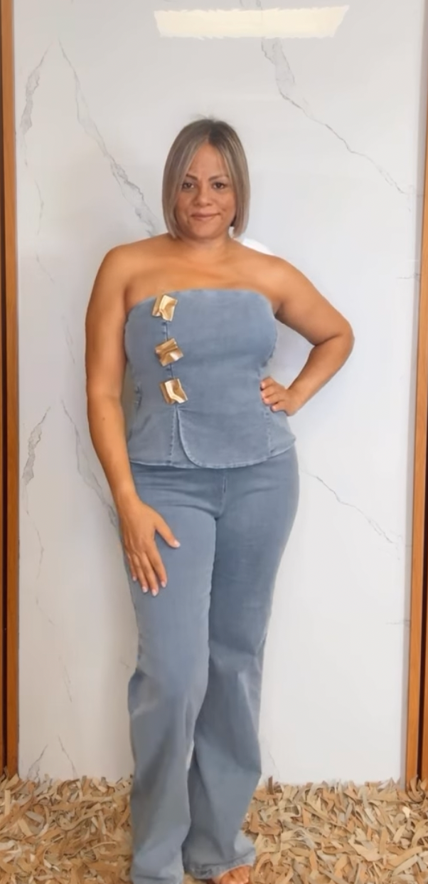 Denim Strapless Stud Jumpsuit