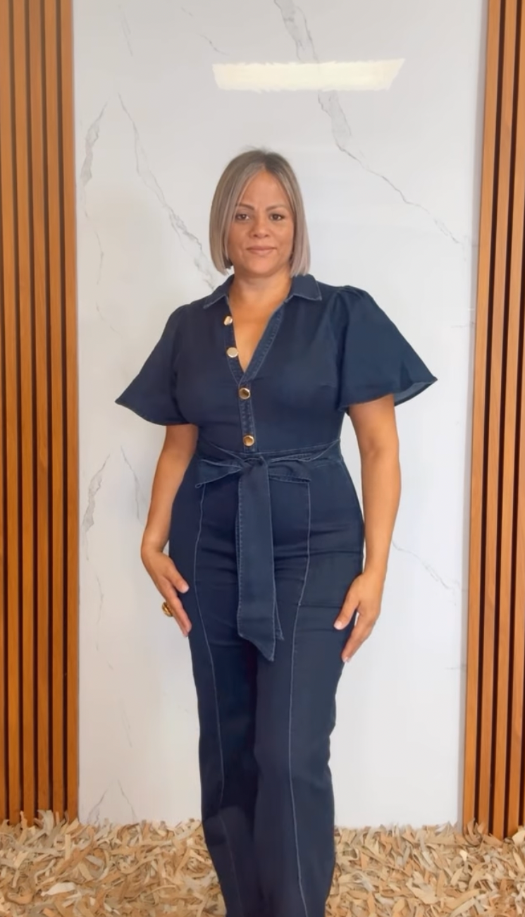 Denim Puff Short Sleeve Jumpsuit