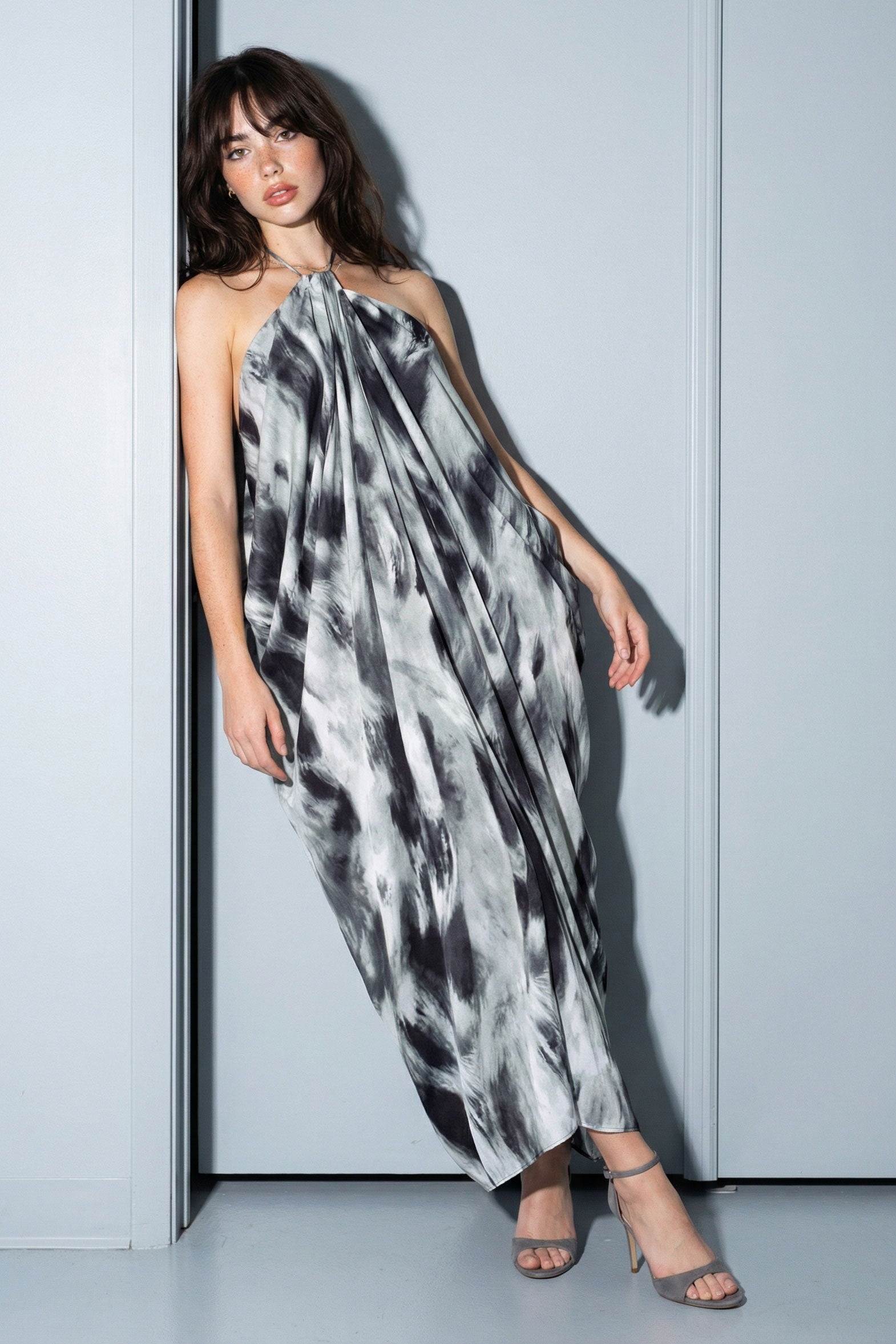 Abstract Marble Draped Halter Maxi Dress