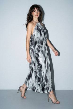 Abstract Marble Draped Halter Maxi Dress