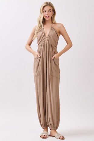 WOVEN SOLID DEEP V-NECK TIE JOGGER JUMPSUIT