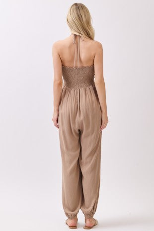 WOVEN SOLID DEEP V-NECK TIE JOGGER JUMPSUIT