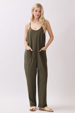 COTTON SPAN FRONT PATCH POCKET DETAIL CAMI ROLL-UP JUMPSUIT