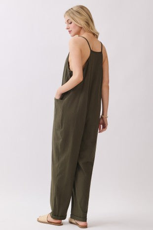 COTTON SPAN FRONT PATCH POCKET DETAIL CAMI ROLL-UP JUMPSUIT