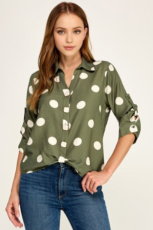 Front Twist Knot Hem Polka Dot Button Shirt