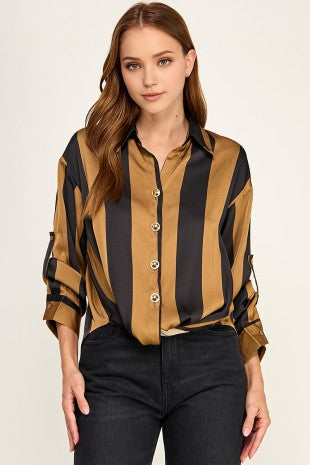 Roll Up Long Slv Twist Fron Knot Hem Vertical Stripe Shirt