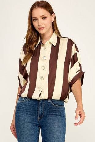 Loose Fit Cuff Slv Vertical Stripe Button Down Shirt