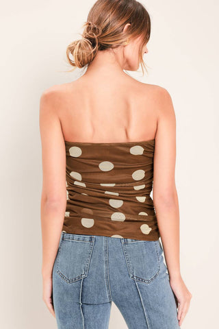A printed power mesh tube top with side shirring.