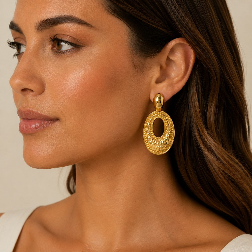 Stainless Steel Oval Textured Statement Earrings