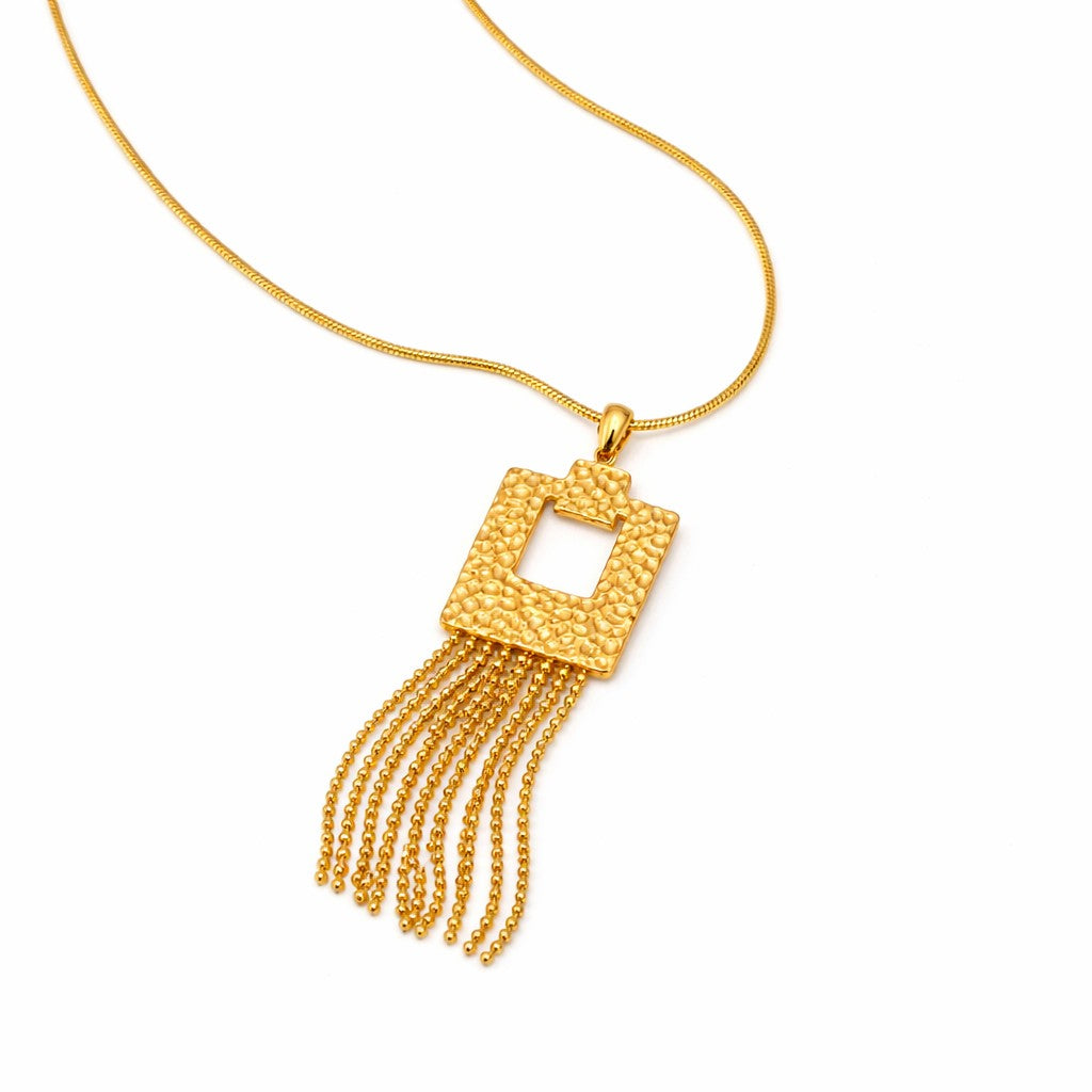 Textured Square Pendant Necklace With Dangle Chains