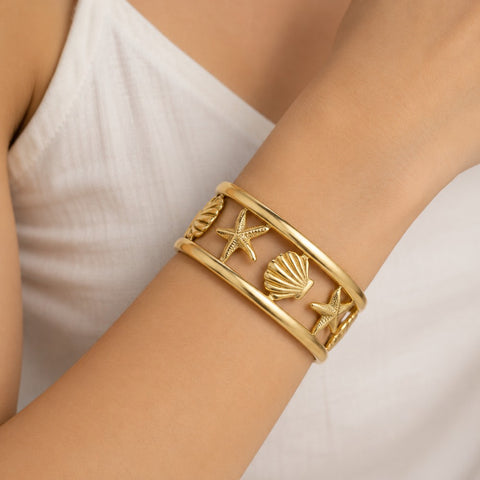 18k Stainless Steel Gold Tone Nautical Shell And Starfish Cuff Bracelet