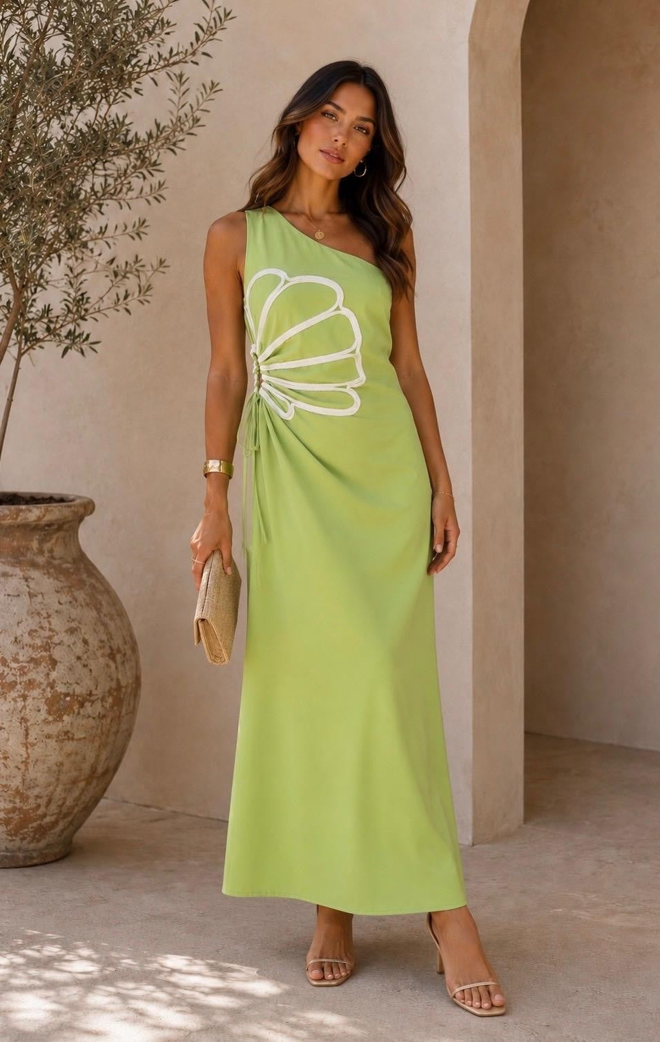 One-shoulder Maxi Dress With Floral Cut-out Detail
