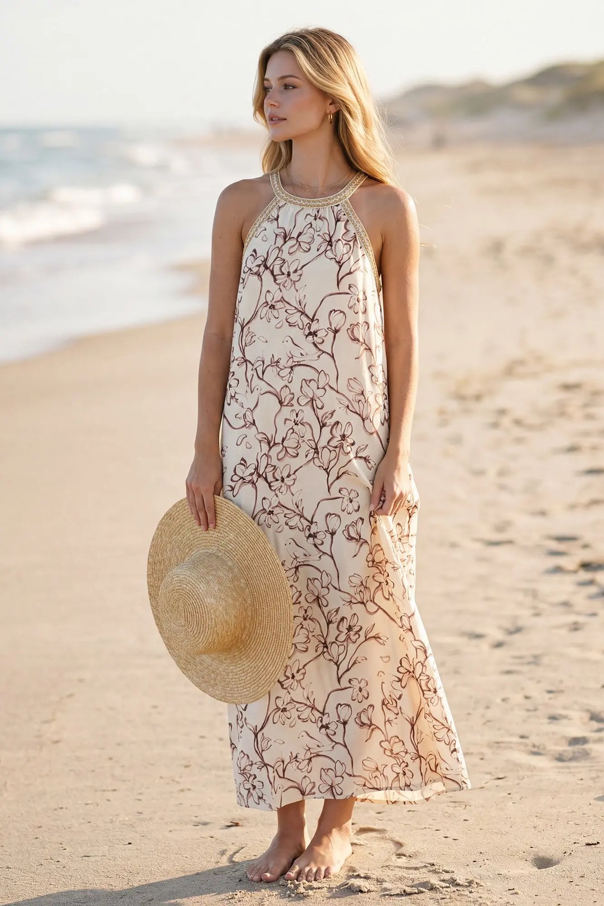 HALTER NECK WITH TRIM FLORAL PRINT WOVEN A LINE MAXI DRESS WITH POCKETS