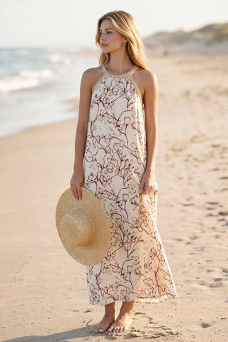 HALTER NECK WITH TRIM FLORAL PRINT WOVEN A LINE MAXI DRESS WITH POCKETS