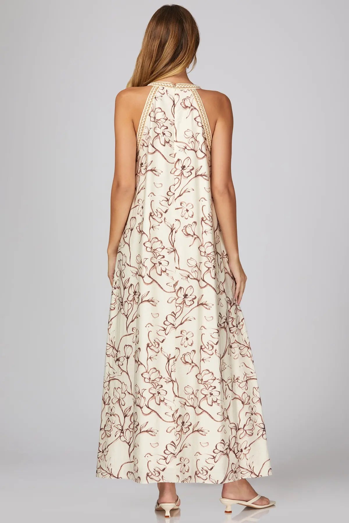 HALTER NECK WITH TRIM FLORAL PRINT WOVEN A LINE MAXI DRESS WITH POCKETS