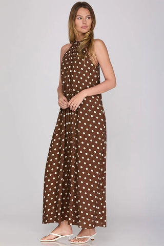 SLEEVELESS WOVEN POLKA DOT PRINT HALTER MAXI DRESS WITH LINING AND POCKETS