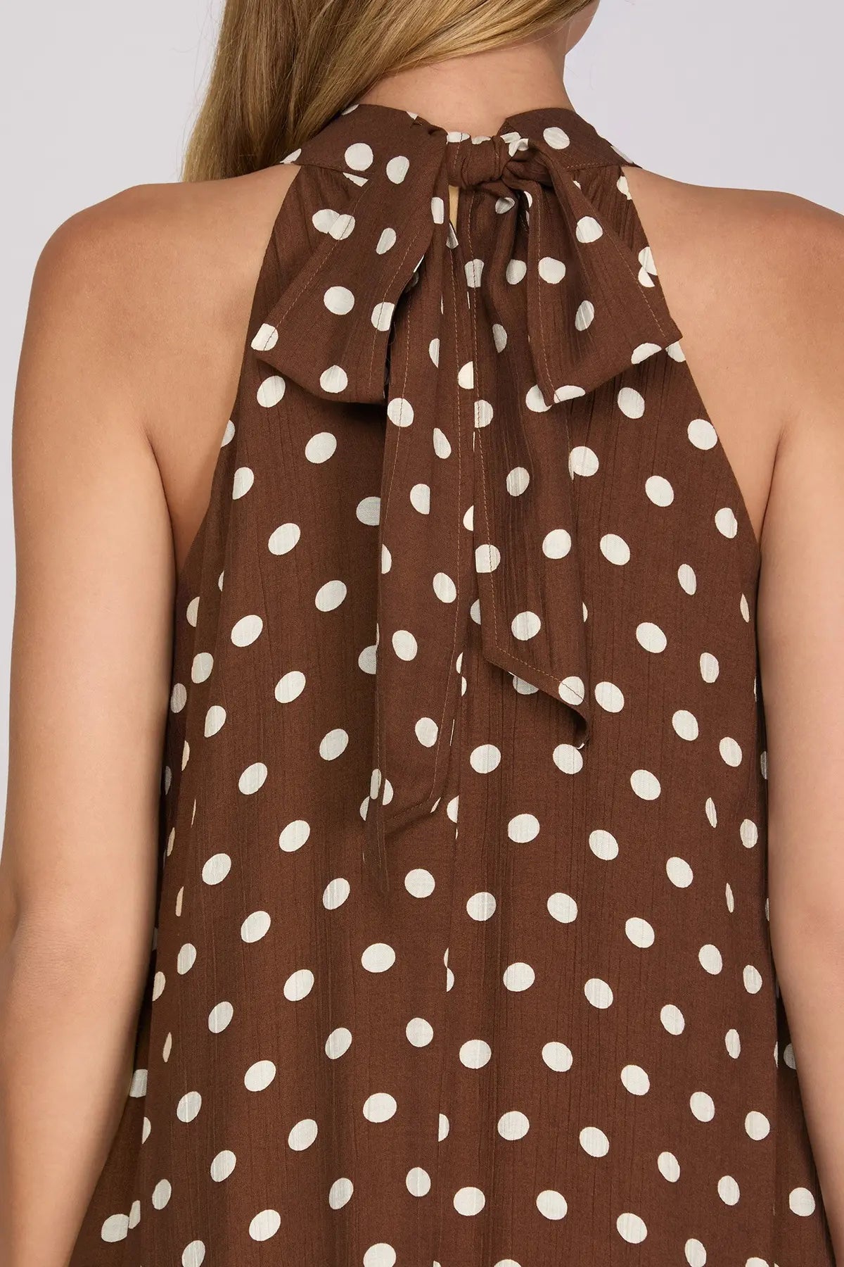 SLEEVELESS WOVEN POLKA DOT PRINT HALTER MAXI DRESS WITH LINING AND POCKETS