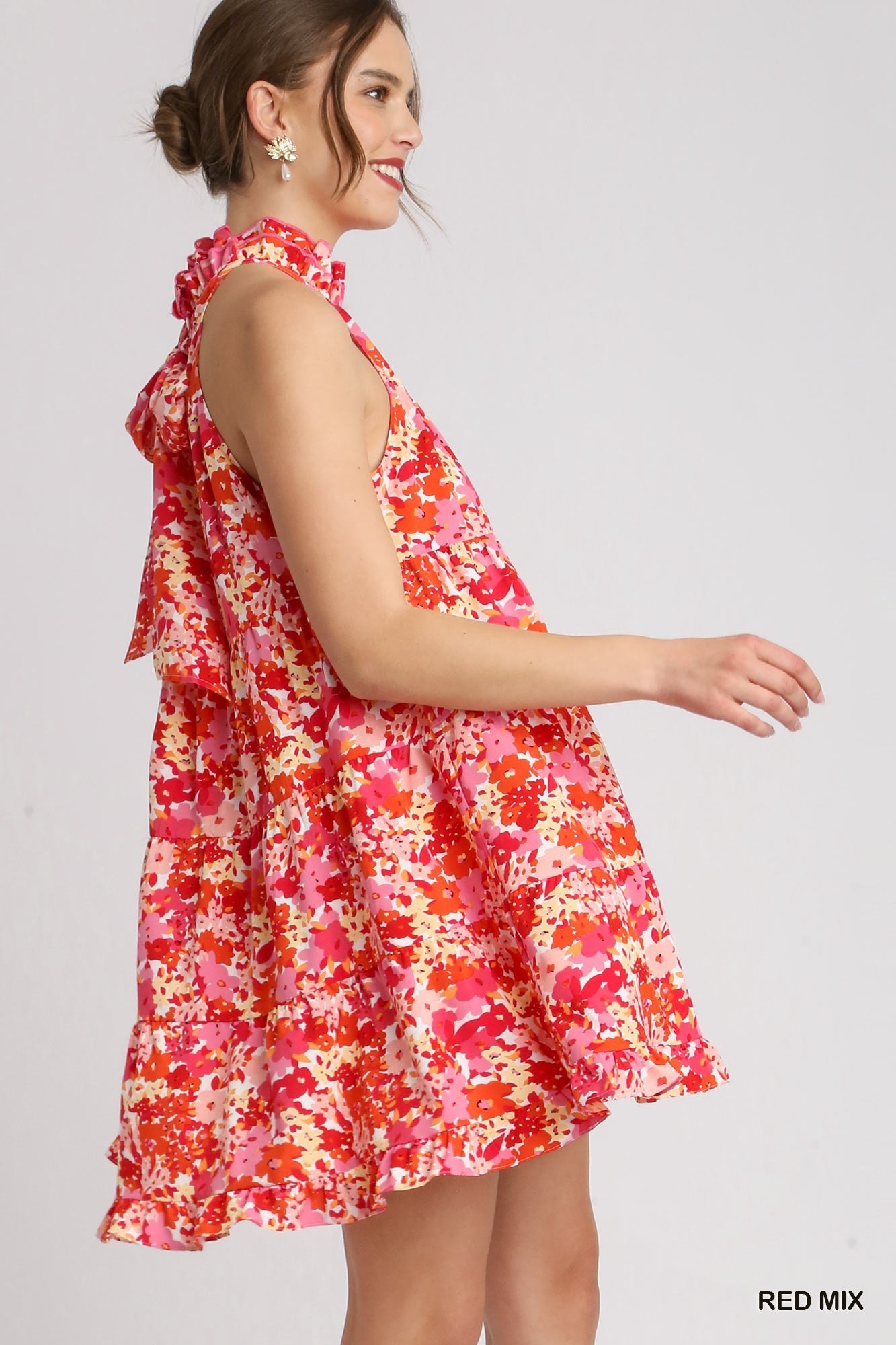Floral Halter Neck Tiered Dress with Tie Back Ribbon