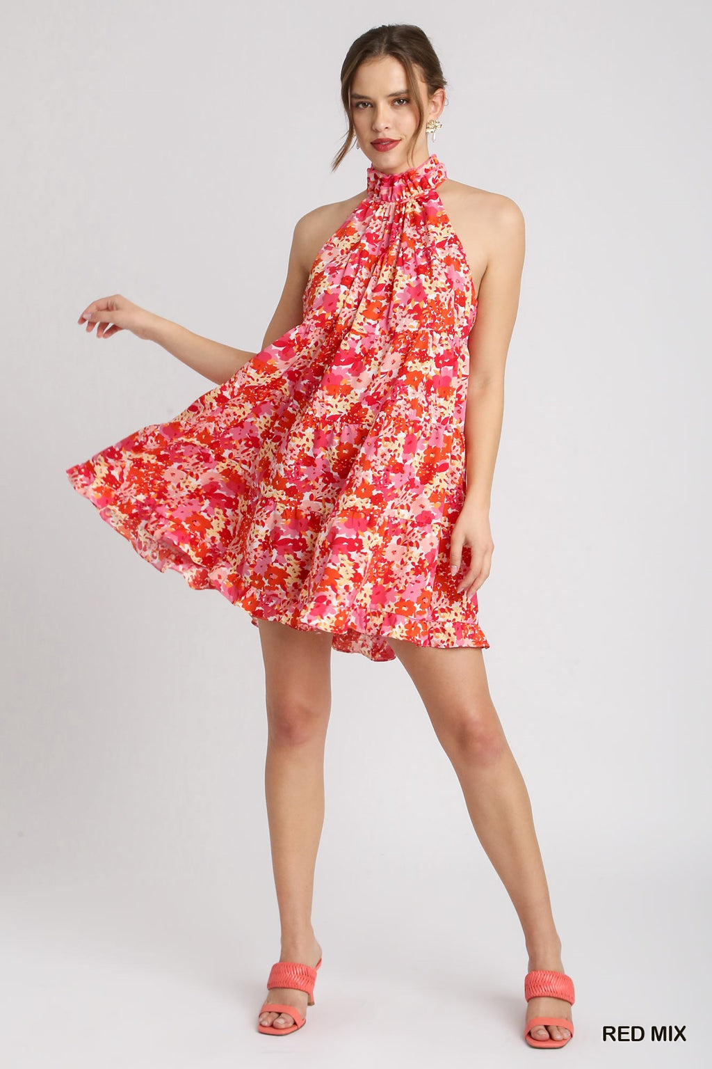 Floral Halter Neck Tiered Dress with Tie Back Ribbon