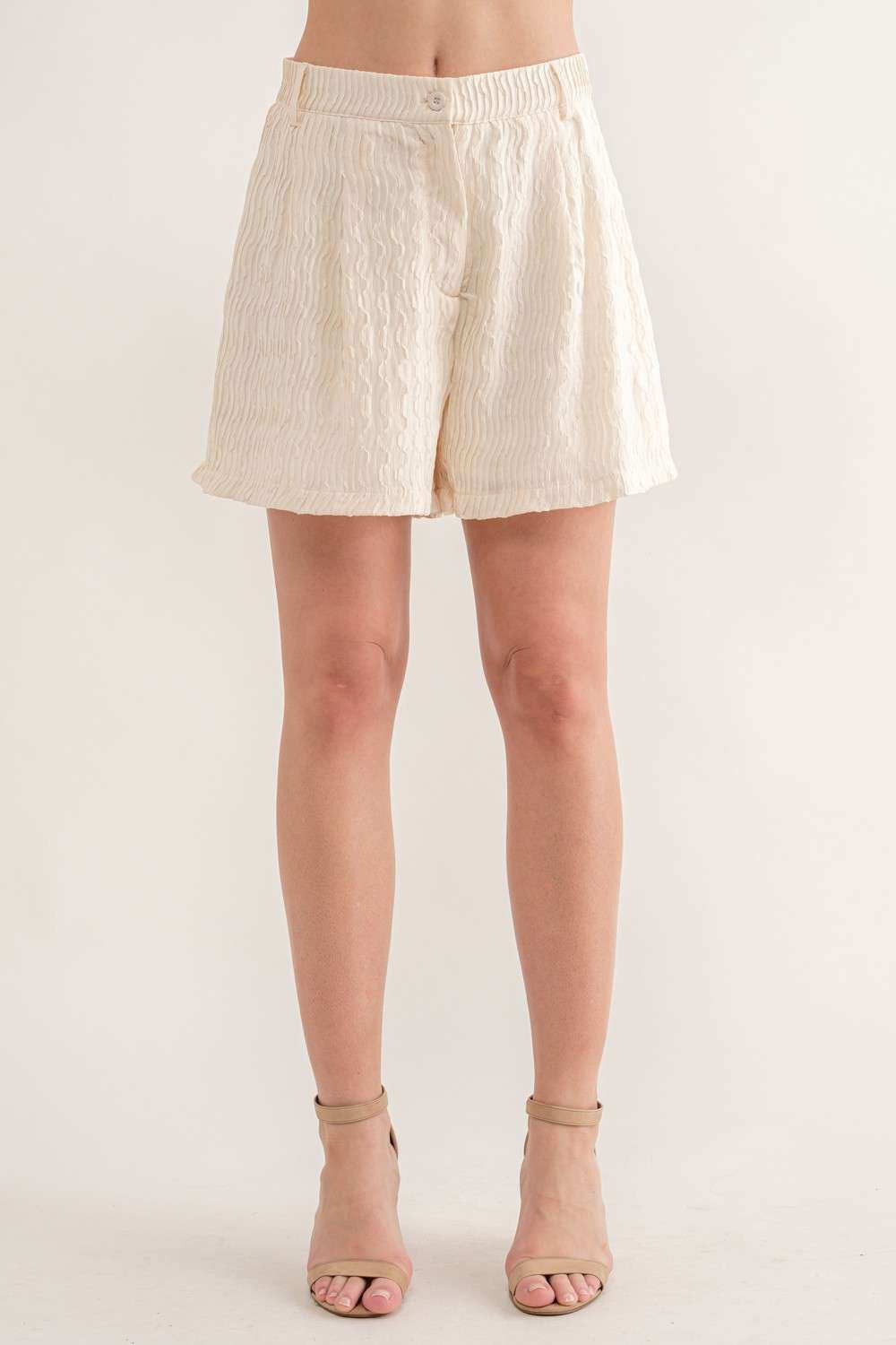 Cream Textured High-waisted Shorts