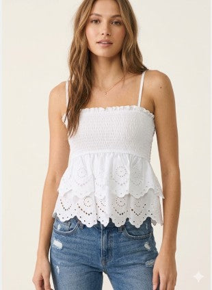 Strapped Smocked Babydoll Top With Two-tier Eyelet Lace Detail
