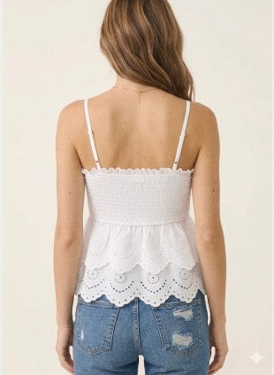 Strapped Smocked Babydoll Top With Two-tier Eyelet Lace Detail