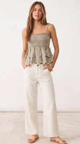 Strapped Smocked Babydoll Top With Two-tier Eyelet Lace Detail