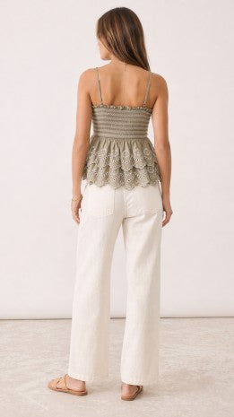 Strapped Smocked Babydoll Top With Two-tier Eyelet Lace Detail