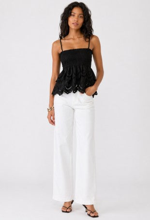 Strapped Smocked Babydoll Top With Two-tier Eyelet Lace Detail