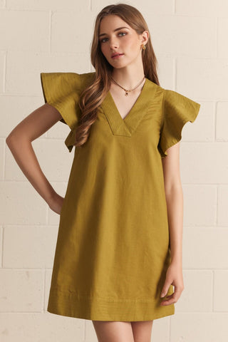Solid V-neck flutter sleeve mini dress
