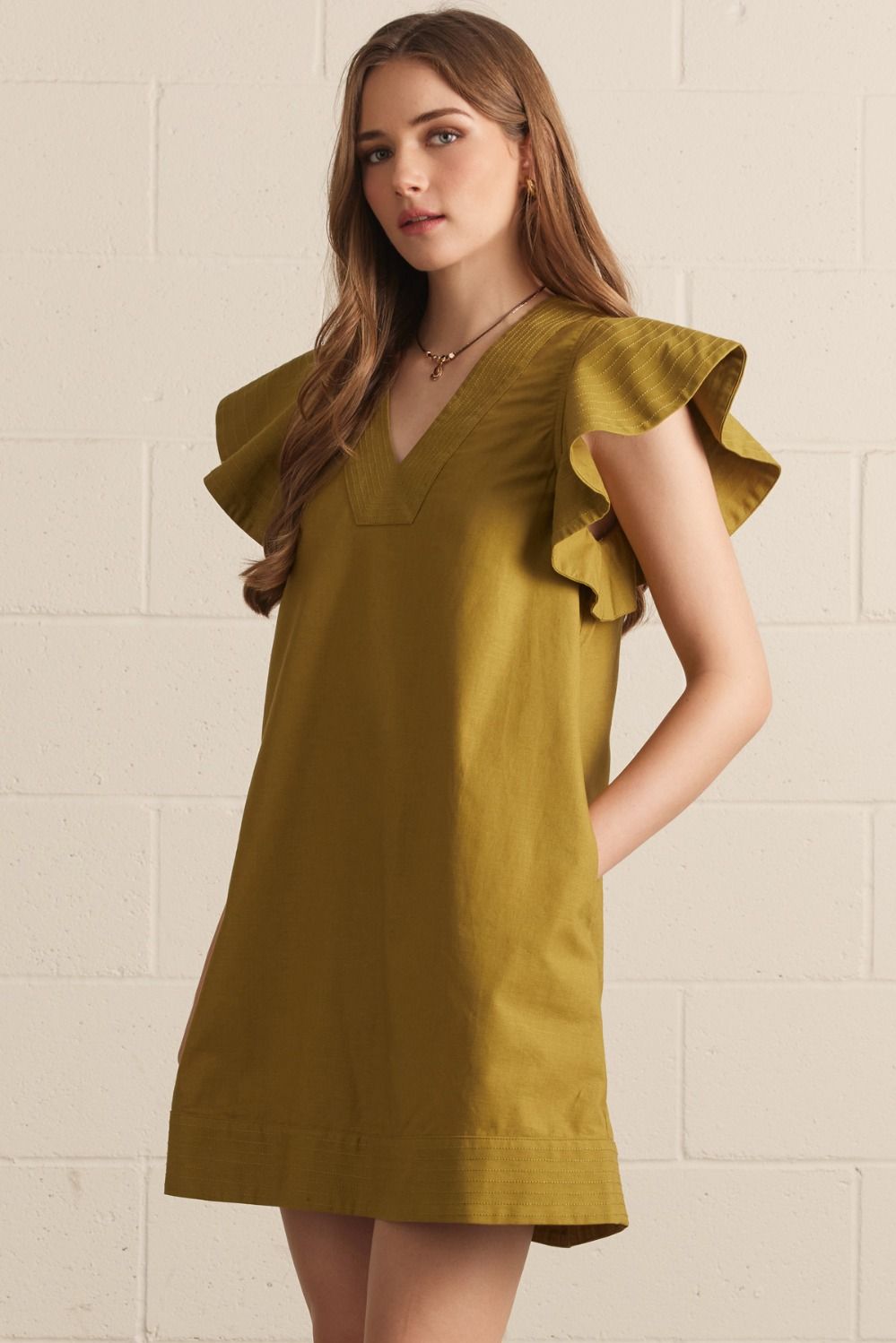 Solid V-neck flutter sleeve mini dress