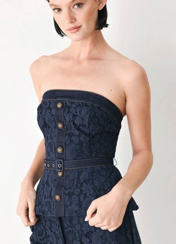 A Solid Woven Lace Top With Denim Contrast