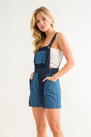 Denim Color Block Suspender Romper