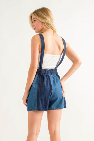 Denim Color Block Suspender Romper