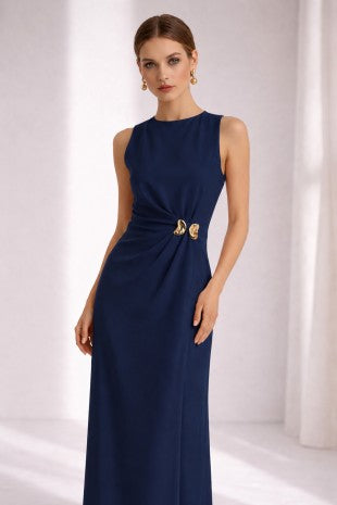 Sleeveless Ruched Maxi Dress Gold Butterfly Embelishment