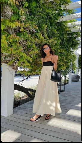 Linen Spaghetti Strap Color Block Maxi Dress