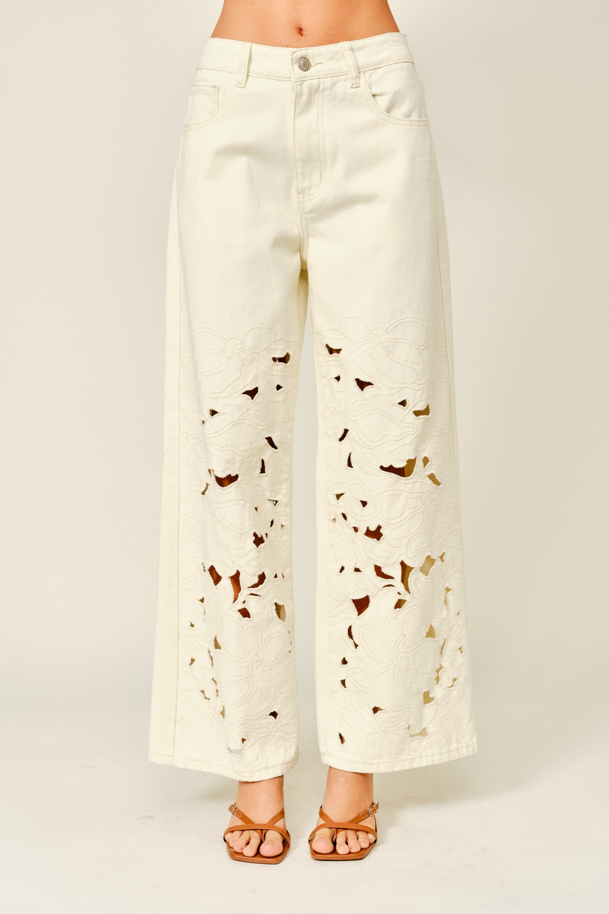 Cut Out Embroidered Straight Pants