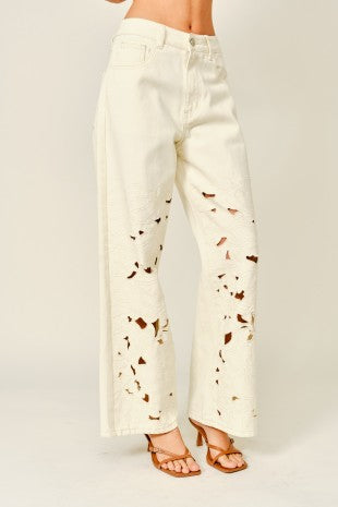 Cut Out Embroidered Straight Pants