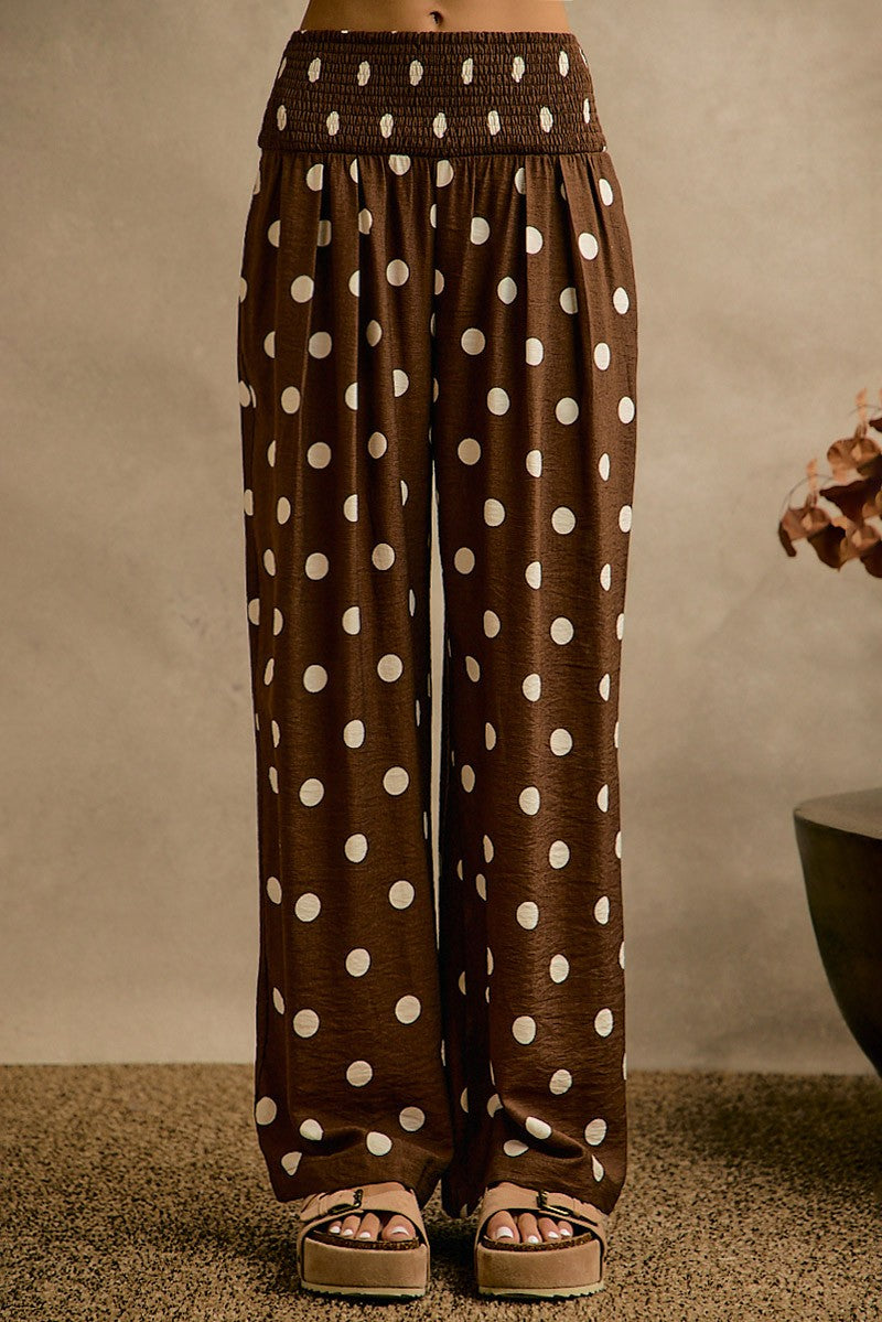 Polka Dot Crepe Smocked Pocket Wide Leg Pants