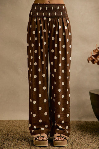 Polka Dot Crepe Smocked Pocket Wide Leg Pants