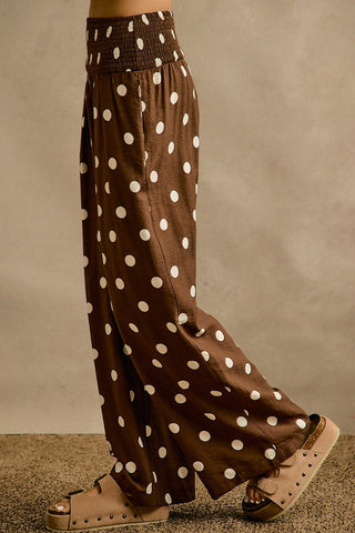 Polka Dot Crepe Smocked Pocket Wide Leg Pants
