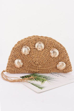 Faux Straw Half-moon Clutch With Shell