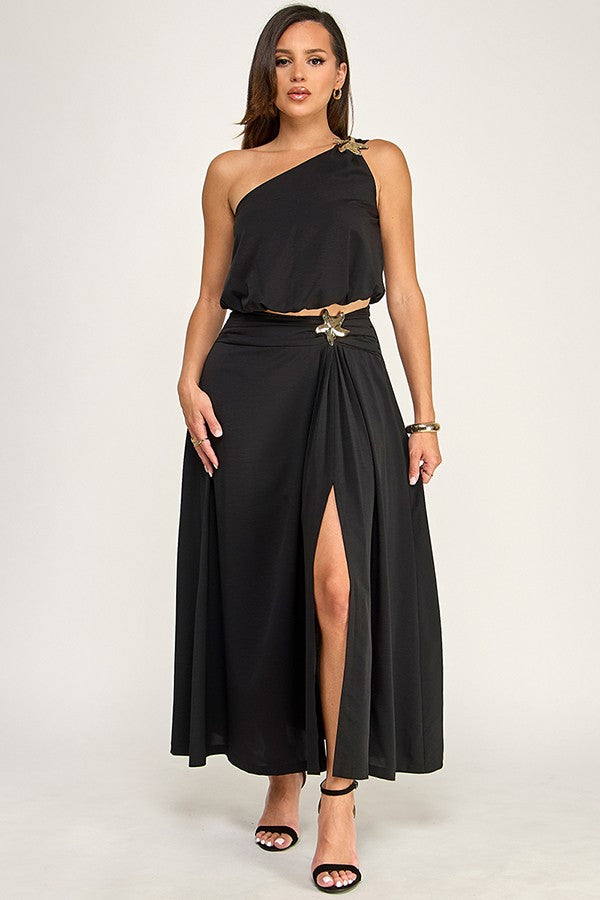 Sleeveless One Shoulder Top and Midi Skirt Set with Gold Starfish Trim