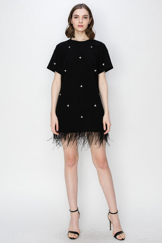 Short Sleeve Jeweled Feather Hem Mini Dress