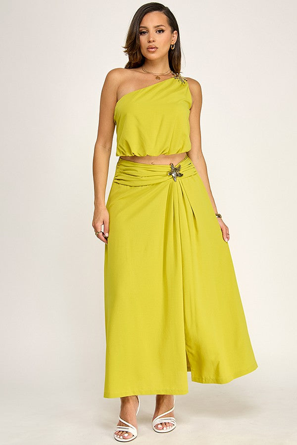 Sleeveless One Shoulder Top and Midi Skirt Set with Gold Starfish Trim