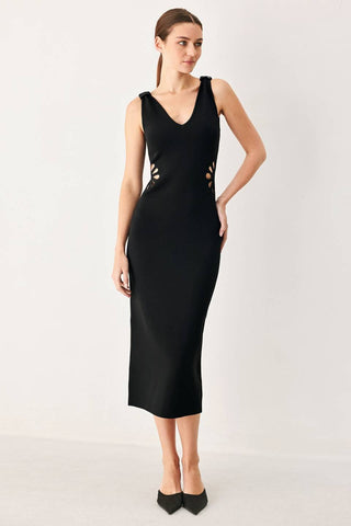 A sweater knit midi dress featuring V neckline and side cut out