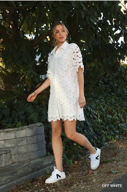 Floral Lace Button Down Collared A-Line Dress