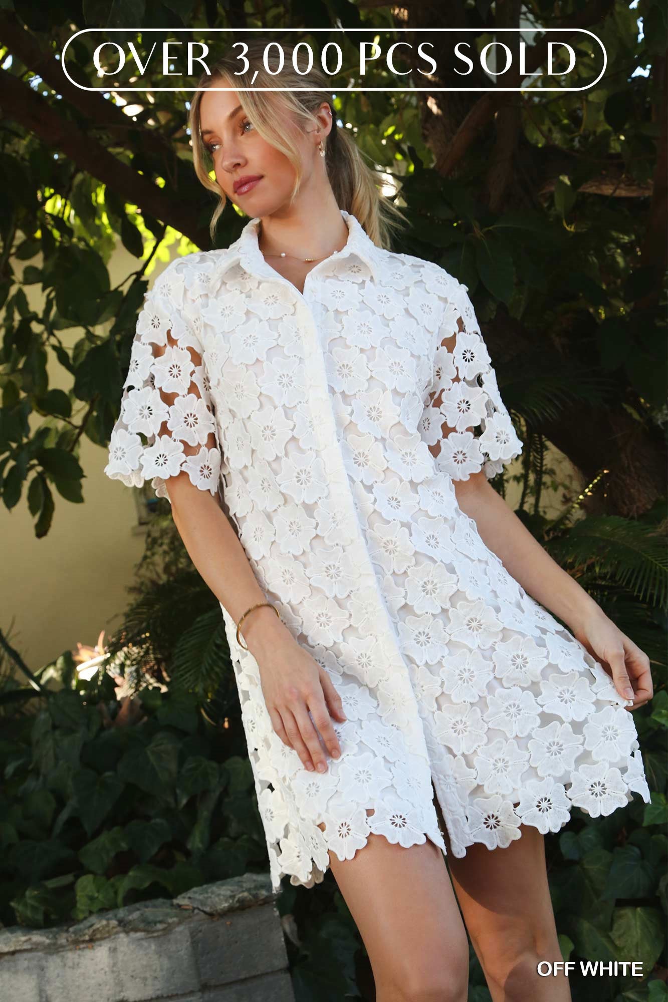 Floral Lace Button Down Collared A-Line Dress