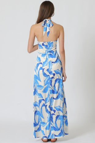 A PRINTED HALTER MAXI DRESS