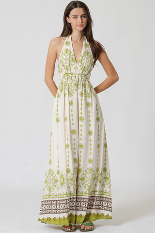 Halter V-neck Ethnic Print Maxi Dress